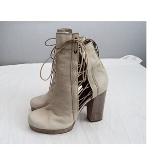 LD Tuttle Leather Lace Up Platform Ankle Boots 37.5 Beige Wood Heel Womens Italy
